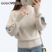 Gogoyouth Cashmere Women Turtleneck 2019 Autumn Winter Knitted Embroidery Jumper Women Sweaters And Pullovers Female Pull Femme