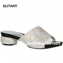 New Sliver Color African Slippers Summer High Heels Sexy Pumps High Quality African Low Heels Pumps African Women Wedding Shoes