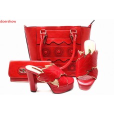doershow New Arrival African Wedding Shoes and Bag Set red Color Italian Shoes with Matching Bags Nigerian Women party!HBR1-1