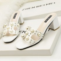 Summer new high heels slippers women fashion pearls rivet block heels ladies slides korean style h hollow out open toe sandals