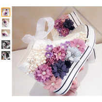 2019 Autumn custom casual high shoes fantasy seven color flowers pearl Austrian rhinestones with lace-up canvas shoes.