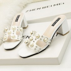 Summer new high heels slippers women fashion pearls rivet block heels ladies slides korean style h hollow out open toe sandals