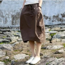Women Autumn Bud Skirts Natural Waist Cotton Linen Skirt Elastic Waist Plus Size Solid Skirts Art Style Loose Skirt S, M, L