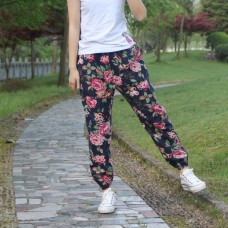 2018 Autumn Summer Pants Capris Women's Cotton Linen Printed Casual Pants Elastic Waist Vintage bloomers Pants Women SK176