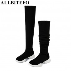 ALLBITEFO genuine leather+Stretch fabrics Elastic boots tube winter snow women boots fashion low-heeled over the knee high boots