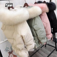 Fitaylor Women Winter White Duck Down Parkas Medium Long Slim Jackets Large Natural Raccoon Fur Hooded Warm Coat Pink Outwear