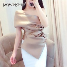 TWOTWINSTYLE Korean Off Shoulder Sexy Women Blouse Sleeveless Irregular Solid Shirt Female Spring 2019 Fashion Clothes New
