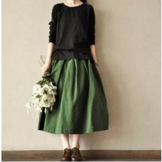 Autumn Winter Skirt For Women High Waist Solid Pleated Skirts Elastic Waist Plus Size Casual Long Skirt Linen Vintage Maxi Skirt