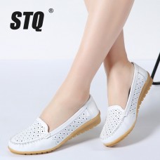 STQ 2019 Spring women flats shoes women genuine leather shoes woman cutout loafers slip on ballet flats ballerines flats 169