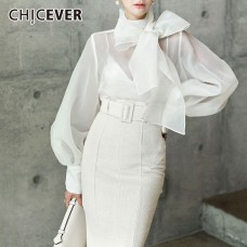 CHICEVER Spring Casual Chiffon Perspective Women Shirt Lace Up Bow Collar Lantern Sleeve Loose Slim Female Top Clothing 2019 New