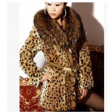 S/6XL Womens Leopard Print Faux Fur Coat Women Casual Raccoon Fur Collar Fashion Man-Made Fur Long Jacket Plus Size Overcoat K18