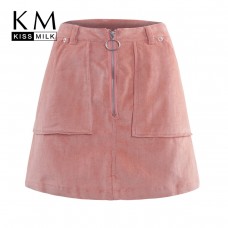Kissmilk Large Size Sweet Girl Powder High Waist Ring Zipper Decorative Corduroy Double Patch Pocket Short Skirt