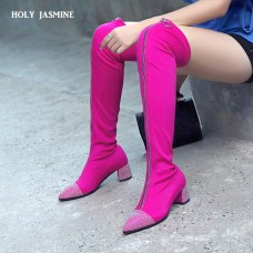 2018 Autumn New Silk Stretch Over The Knee Boots Women Sexy Pointed Toe High Heel Boots Femme black rose Thigh High Boot Woman