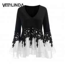 VESTLINDA Plus Size 5XL Applique Layered Flare Sleeve Chiffon Panel Flowy Blouse Women Tops Clothing Blouse Femme 2019 Blouses
