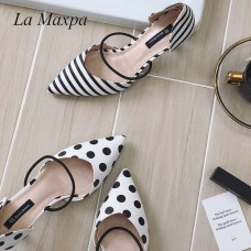 La MaxPa Summer Polka Dot Women Sandals Pointed Toe Women Stripe 6cm Thin Heel Ladies Slippers Comfortable Slip On Shoes Pumps