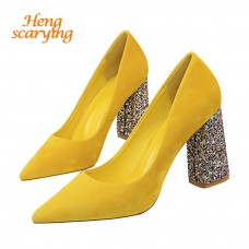 2019 Female 8cm High Glitter Heels Block Pumps Ladies Sexy Chunky Tacones Heels Woman Scarpin Elegant Party Wedding Yellow Shoes