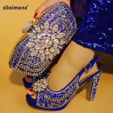 Royal Blue Italian Shoes With Matching Bag For Party With Stones Wedding Shoes And Bag Set High Quality Women PU leather Pumps 
