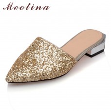Meotina Women Shoes Mules Shoes Pointed Toe Glitter Summer Lady Shoes Chunky Low Heels  Ladies Pumps Big Size 43 Chaussure Femme