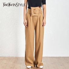 TWOTWINSTYLE Korean Woolen Long Pants Female High Waist With Sashes Khaki Wide Leg Trousers For Women 2019 Autumn Winter Fashion