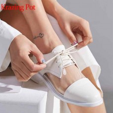 Krazing pot new genuine leather transparent lace up party wedding jelly shoes sweety round toe women thick low heels pumps L02  