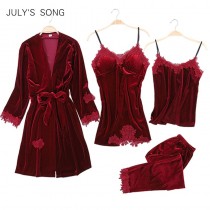 JULY'S SONG 2019 Gold Velvet 4 Pieces Warm Winter Pajamas Sets Women Sexy Lace