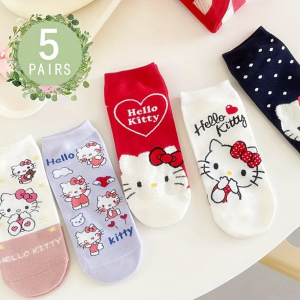 5 Pairs Kawaii Sanrio Cotton Socks Anime Kawaii Girls Sports Socks Hello Kitty Sports Breathable Women Sock