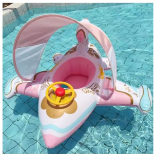 Inflatable Airplane Float Baby Ride Raft Pool Toys with Sunshade Outdoor Water Play Swimming Ring Lounger Comfortable