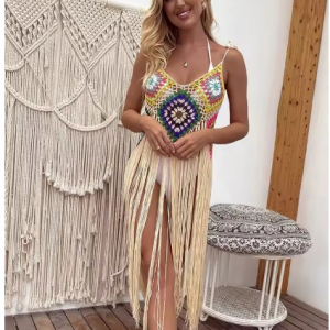 Womens Sexy Crochet Knitted Tassel Beach Swimwear Mid Length Skirt Flower Block Beach Bikini Cover Up Clothing Women's Beachwear