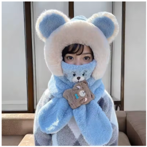 winter children one piece scarf hat+mask cute cartoon baby ear protection cap 1 6year kids plush cross neckerchief warm beanies