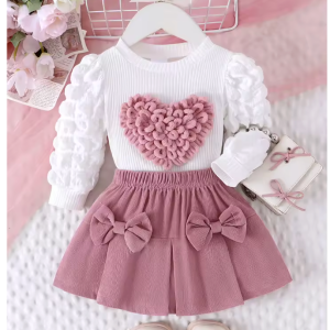 2pcs winter new style for 0 3 year old girls, comfortable sweet and cute bubble sleeves, love chapter top + pink short skirt set