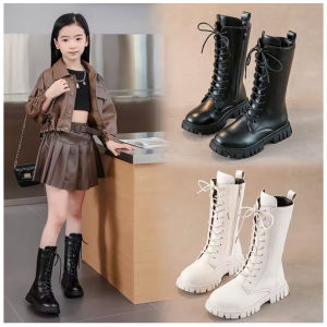 elegant zipper baby girl fashion boots autumn/ winter warm thick sole round casual lace up comfortable children's midsole boots