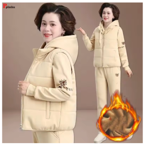 winter thick 3 pieces sets vest warm outfit loose hooded tracksuit high waist pant suits plush lined sweatshirts woman conjuntos